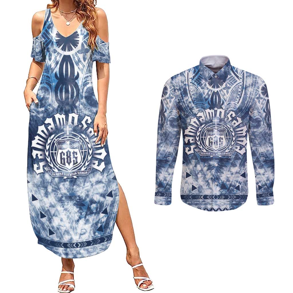 Samoa 685 Couples Matching Summer Maxi Dress and Long Sleeve Button Shirt Polynesian Pattern Tie Dye Style LT05 Blue - Polynesian Pride