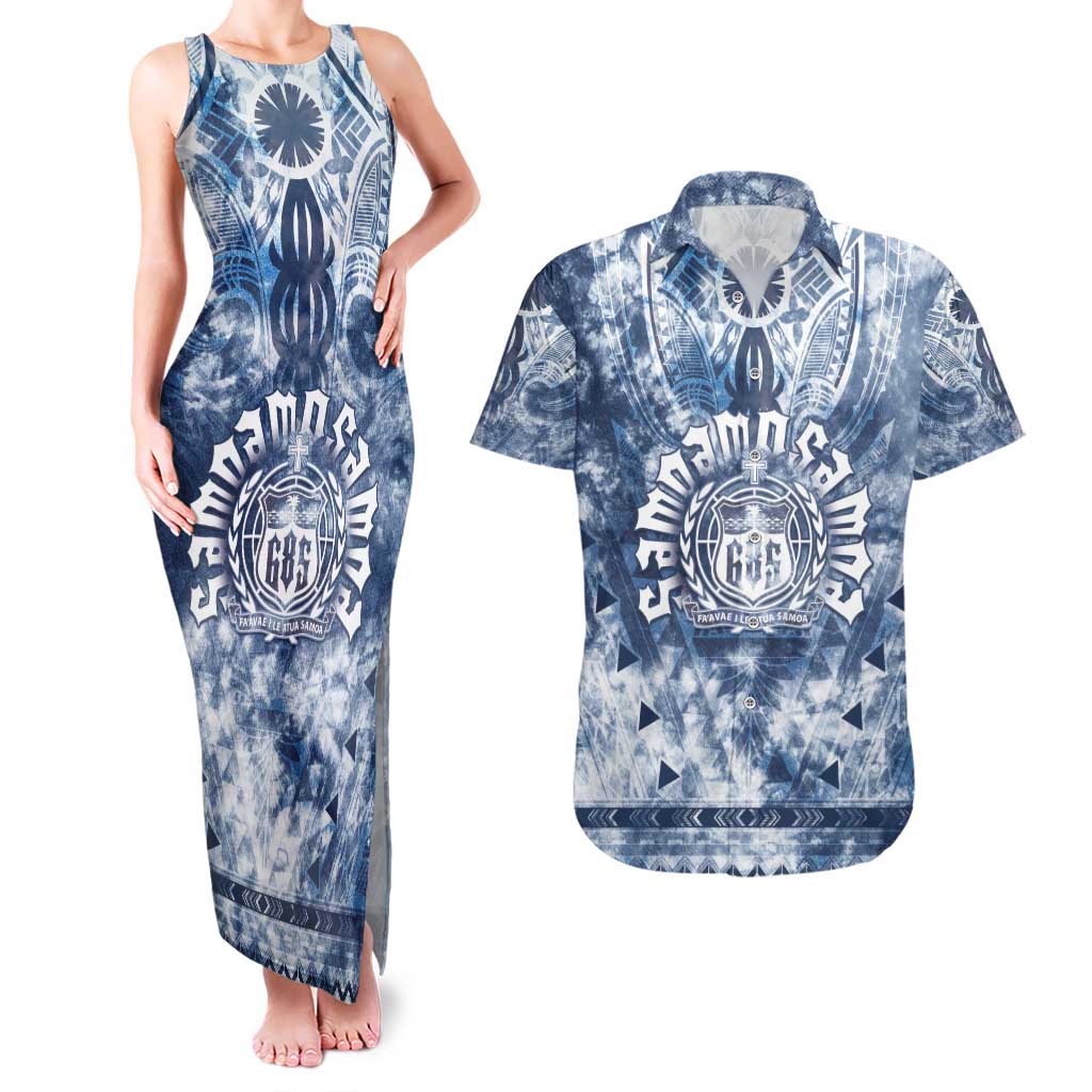 Samoa 685 Couples Matching Tank Maxi Dress and Hawaiian Shirt Polynesian Pattern Tie Dye Style LT05 Blue - Polynesian Pride