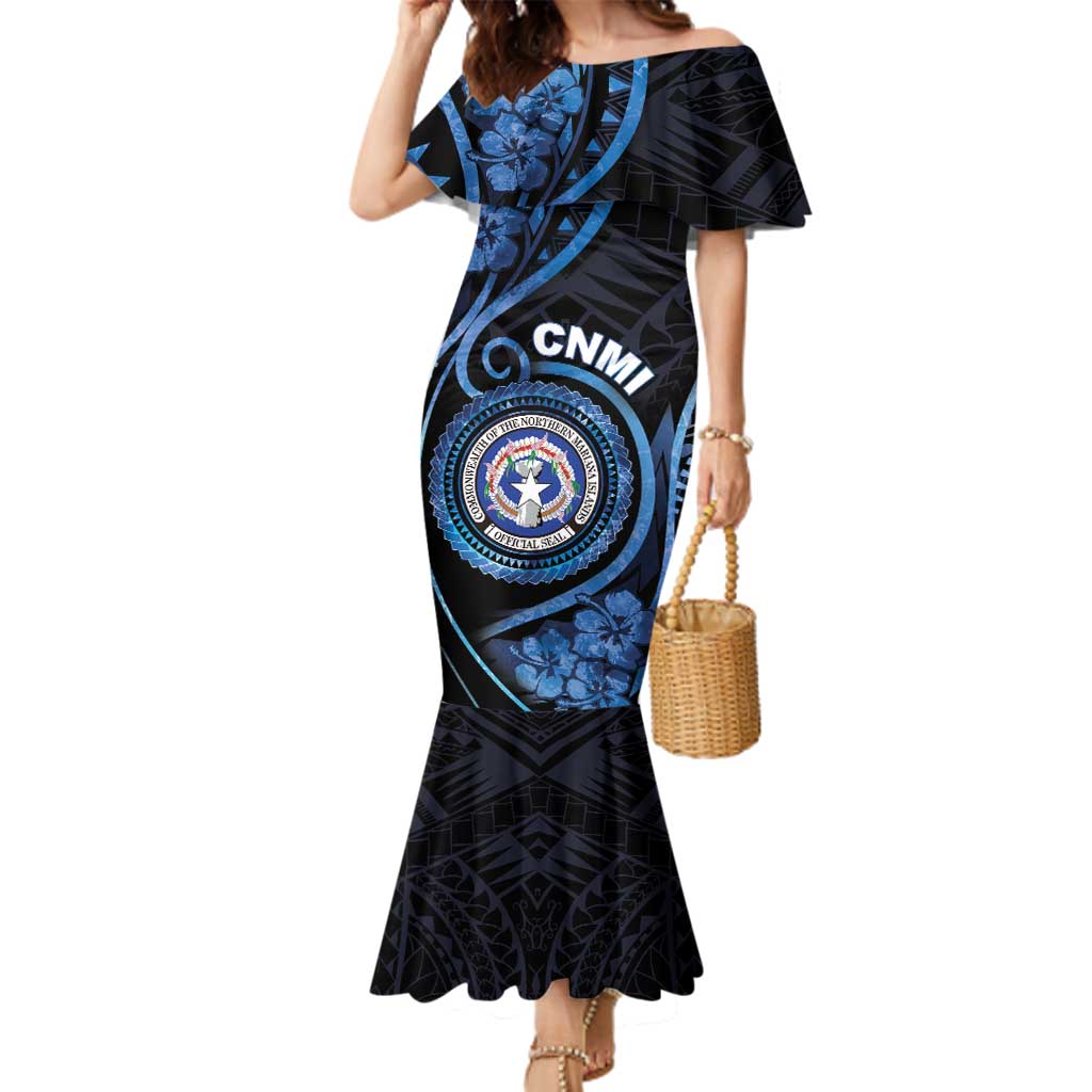 Personalized Northern Mariana Islands Family Matching Mermaid Dress and Hawaiian Shirt Ocean Floral Pattern LT05 Mom's Dress Black - Polynesian Pride