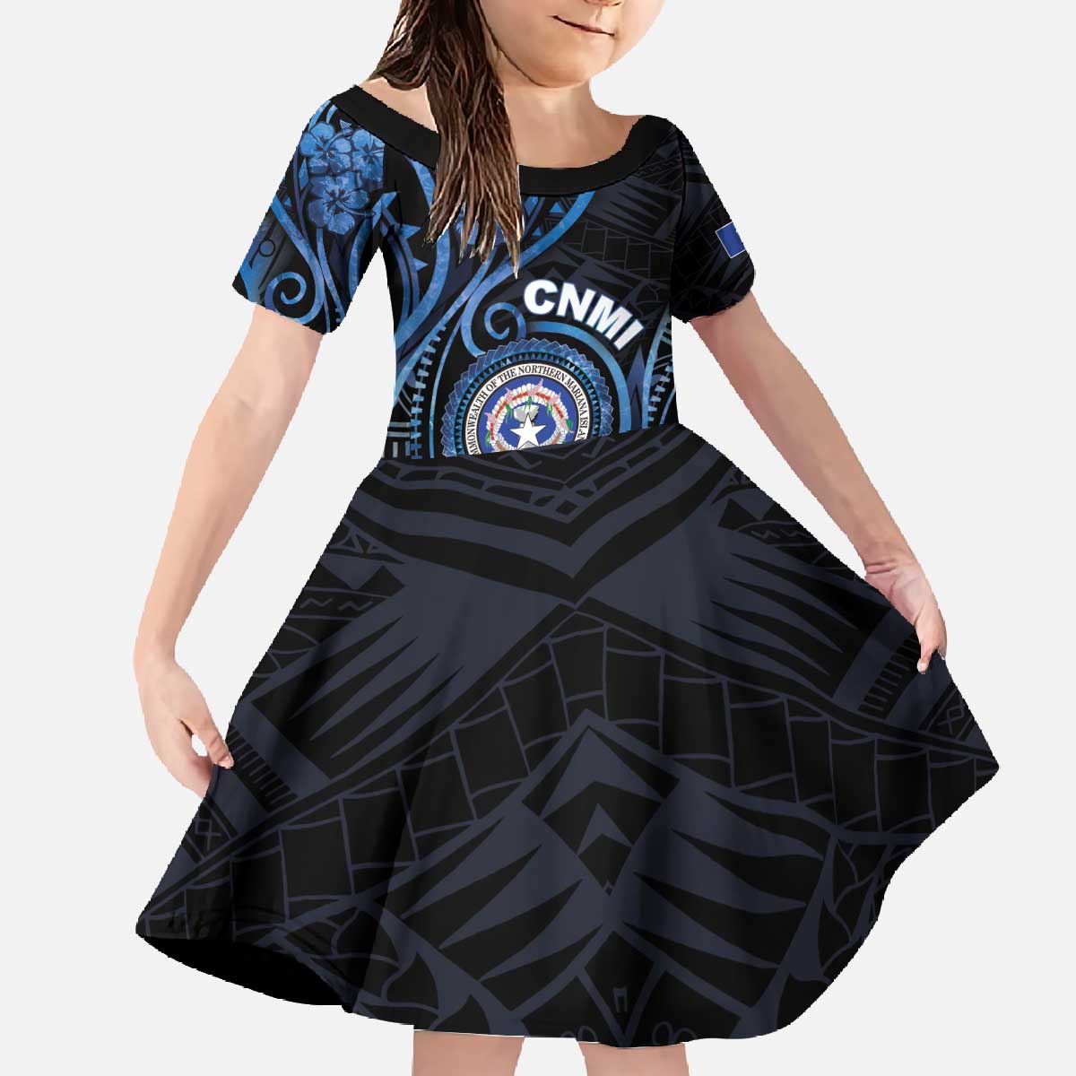 Personalized Northern Mariana Islands Family Matching Off The Shoulder Long Sleeve Dress and Hawaiian Shirt Ocean Floral Pattern LT05 Daughter's Dress Black - Polynesian Pride