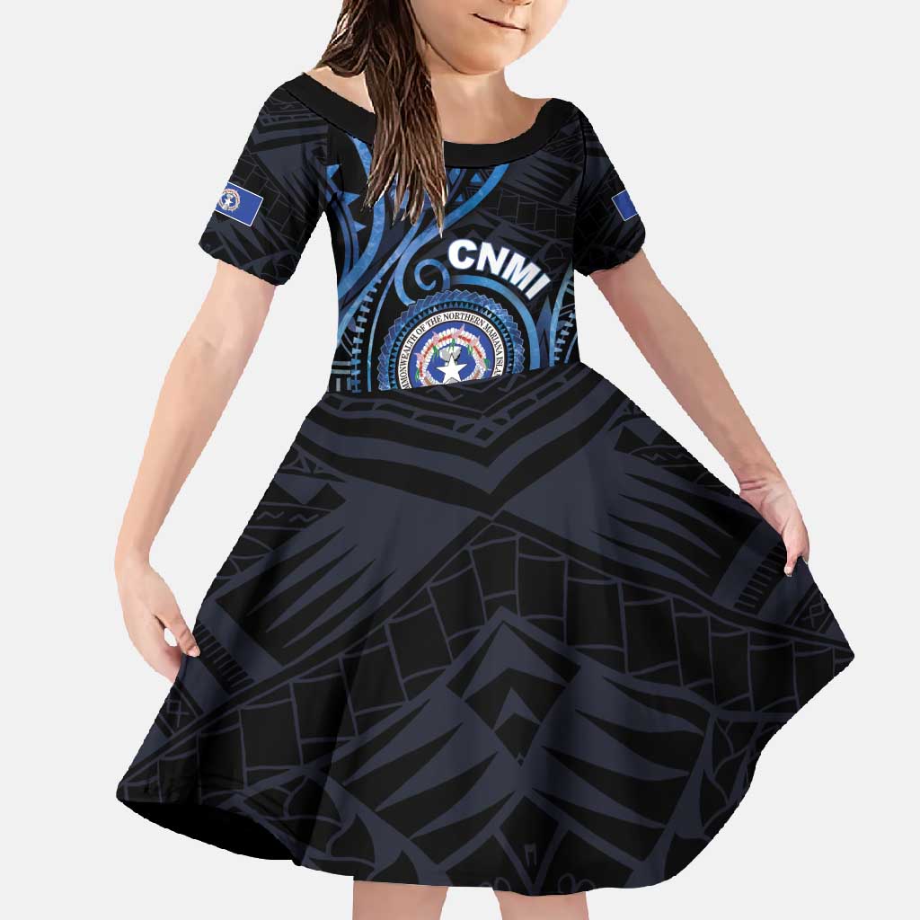 Personalized Northern Mariana Islands Family Matching Off Shoulder Maxi Dress and Hawaiian Shirt Ocean Floral Pattern LT05 Daughter's Dress Black - Polynesian Pride