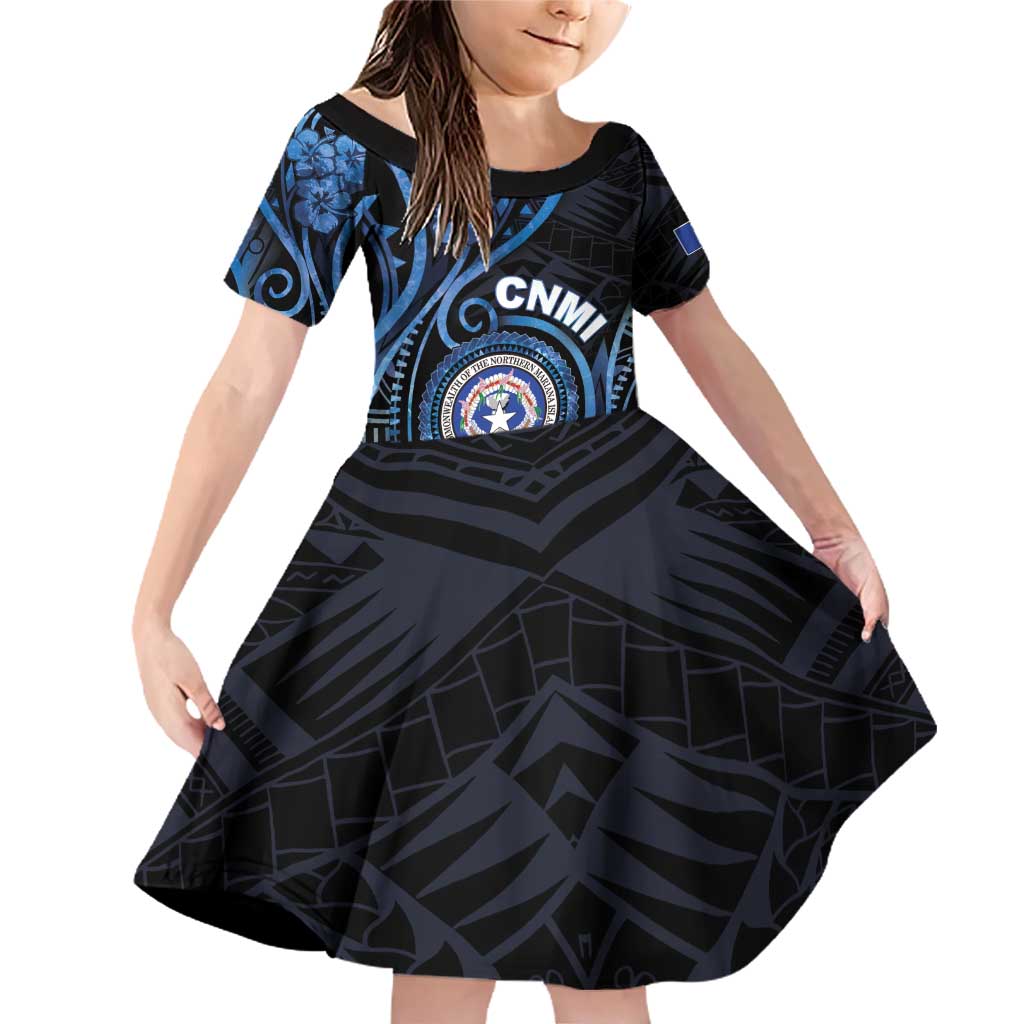 Personalized Northern Mariana Islands Family Matching Off Shoulder Short Dress and Hawaiian Shirt Ocean Floral Pattern LT05 Daughter's Dress Black - Polynesian Pride