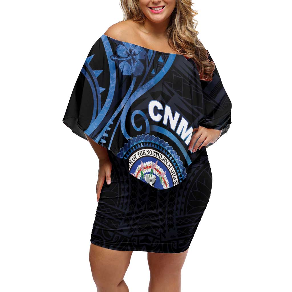 Personalized Northern Mariana Islands Family Matching Off Shoulder Short Dress and Hawaiian Shirt Ocean Floral Pattern LT05 Mom's Dress Black - Polynesian Pride