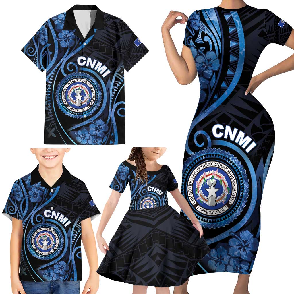 Personalized Northern Mariana Islands Family Matching Short Sleeve Bodycon Dress and Hawaiian Shirt Ocean Floral Pattern LT05 - Polynesian Pride