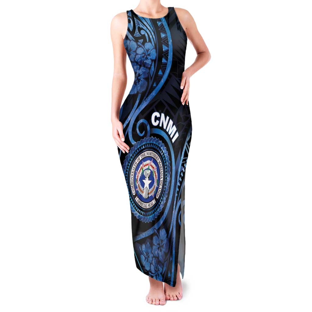 Personalized Northern Mariana Islands Family Matching Tank Maxi Dress and Hawaiian Shirt Ocean Floral Pattern LT05 Mom's Dress Black - Polynesian Pride
