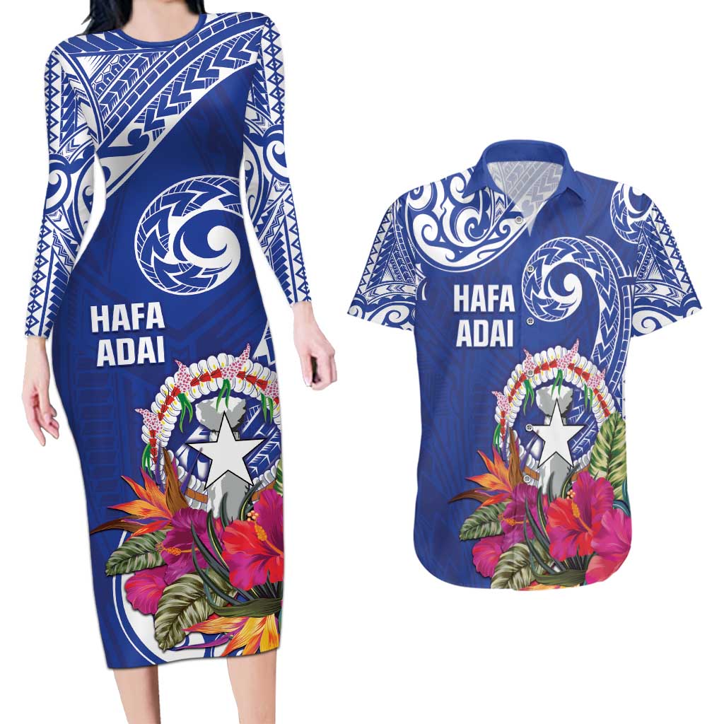 Hafa Adai Northern Mariana Islands Couples Matching Long Sleeve Bodycon Dress and Hawaiian Shirt Polynesian Tribal Pattern LT05 Blue - Polynesian Pride