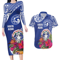 Hafa Adai Northern Mariana Islands Couples Matching Long Sleeve Bodycon Dress and Hawaiian Shirt Polynesian Tribal Pattern LT05 Blue - Polynesian Pride