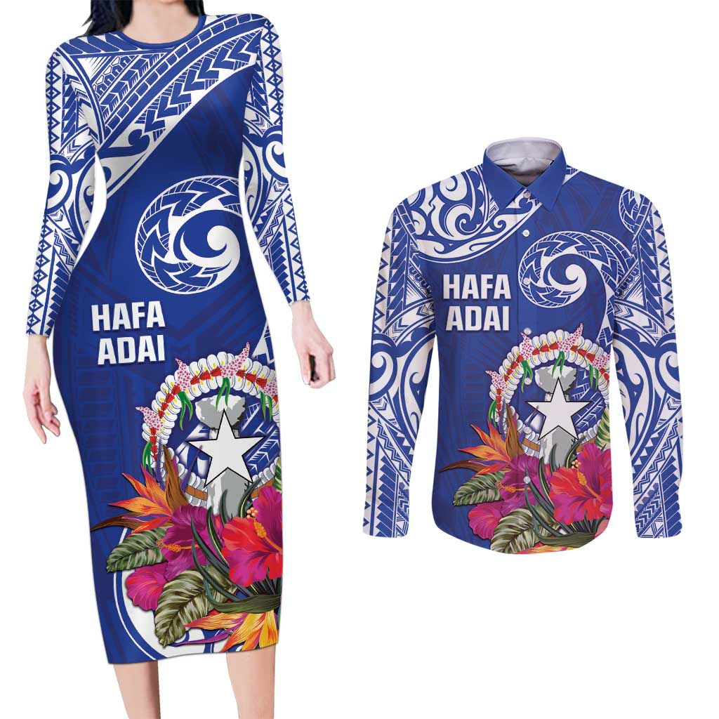 Hafa Adai Northern Mariana Islands Couples Matching Long Sleeve Bodycon Dress and Long Sleeve Button Shirt Polynesian Tribal Pattern LT05 Blue - Polynesian Pride
