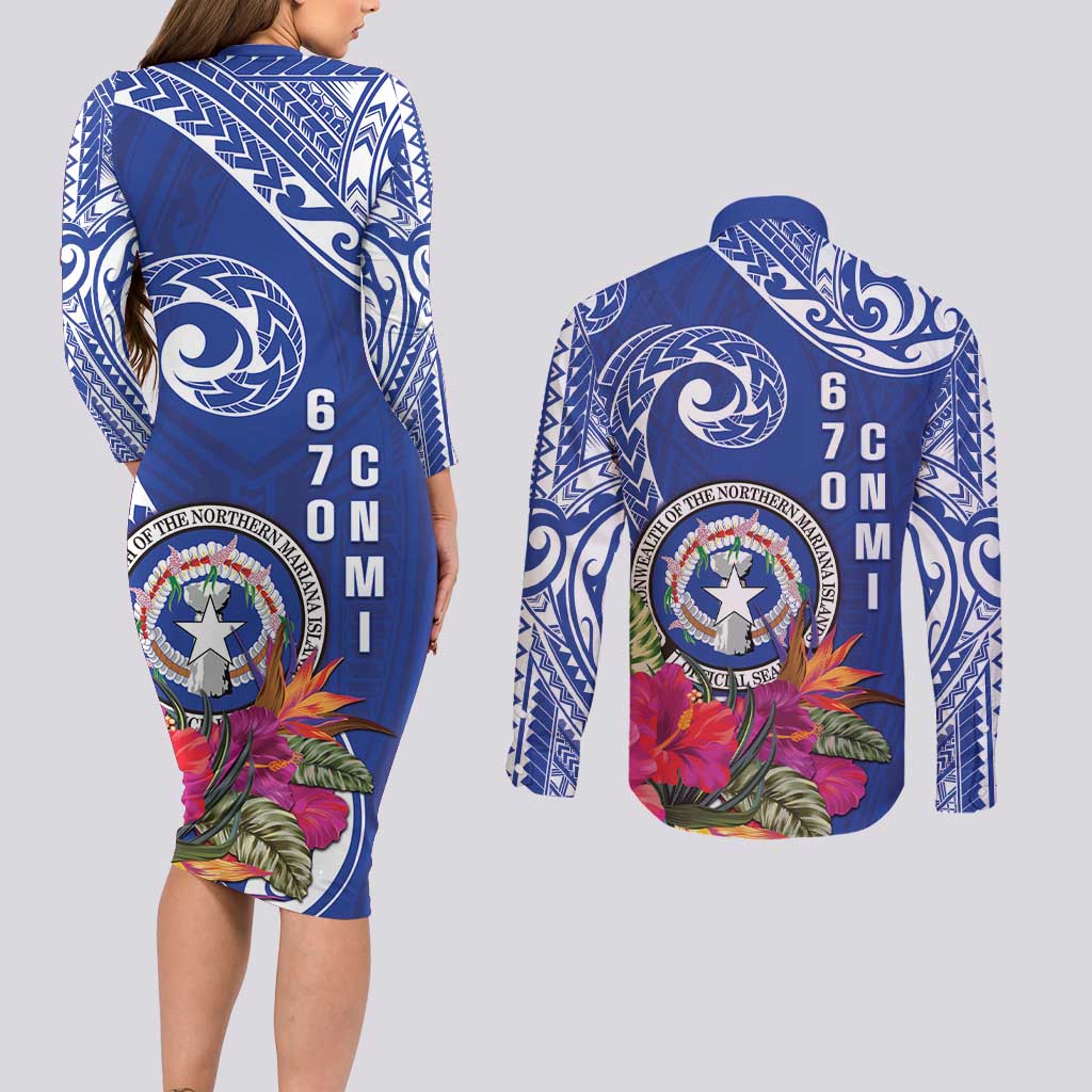 Hafa Adai Northern Mariana Islands Couples Matching Long Sleeve Bodycon Dress and Long Sleeve Button Shirt Polynesian Tribal Pattern LT05 - Polynesian Pride