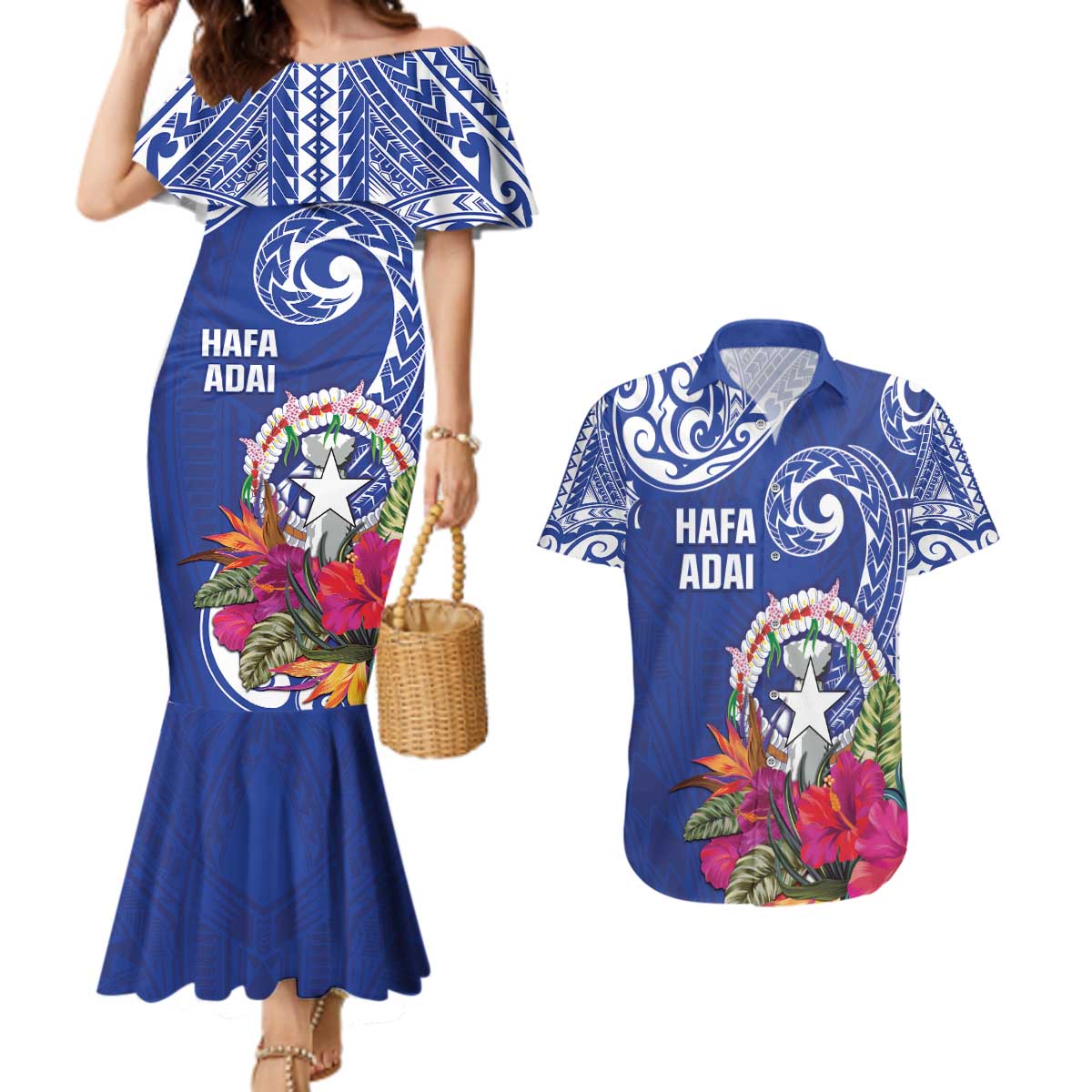 Hafa Adai Northern Mariana Islands Couples Matching Mermaid Dress and Hawaiian Shirt Polynesian Tribal Pattern LT05 Blue - Polynesian Pride
