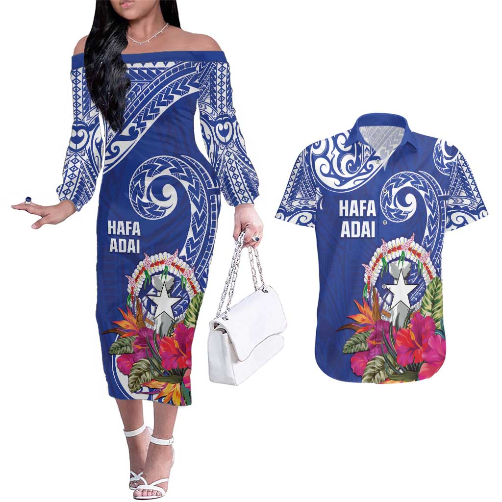 Hafa Adai Northern Mariana Islands Couples Matching Off The Shoulder Long Sleeve Dress and Hawaiian Shirt Polynesian Tribal Pattern LT05 Blue - Polynesian Pride