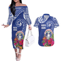 Hafa Adai Northern Mariana Islands Couples Matching Off The Shoulder Long Sleeve Dress and Hawaiian Shirt Polynesian Tribal Pattern LT05 Blue - Polynesian Pride