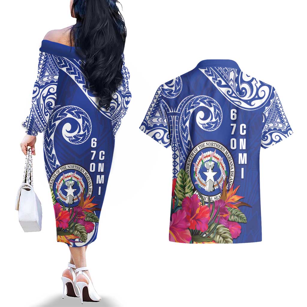 Hafa Adai Northern Mariana Islands Couples Matching Off The Shoulder Long Sleeve Dress and Hawaiian Shirt Polynesian Tribal Pattern LT05 - Polynesian Pride