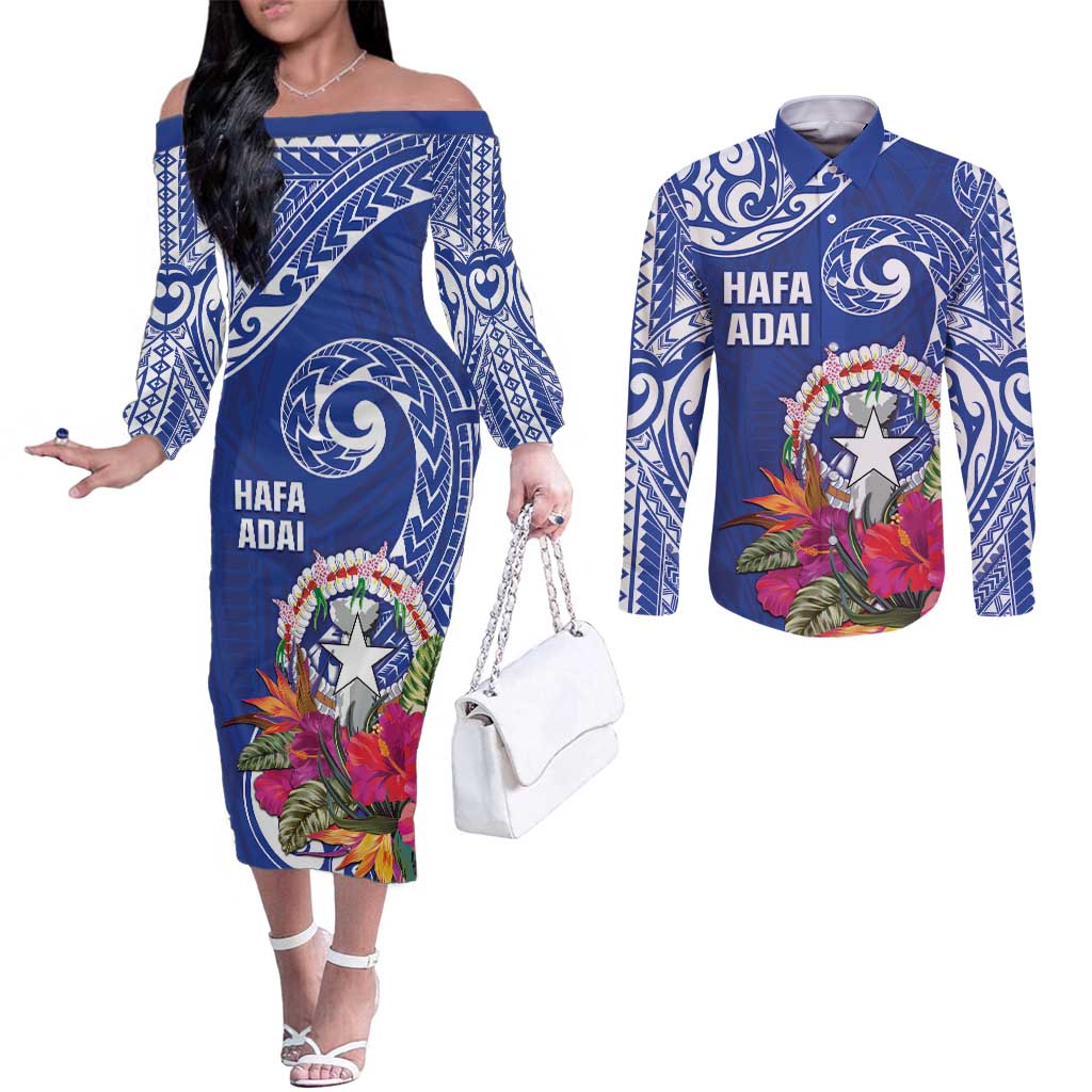 Hafa Adai Northern Mariana Islands Couples Matching Off The Shoulder Long Sleeve Dress and Long Sleeve Button Shirt Polynesian Tribal Pattern LT05 Blue - Polynesian Pride