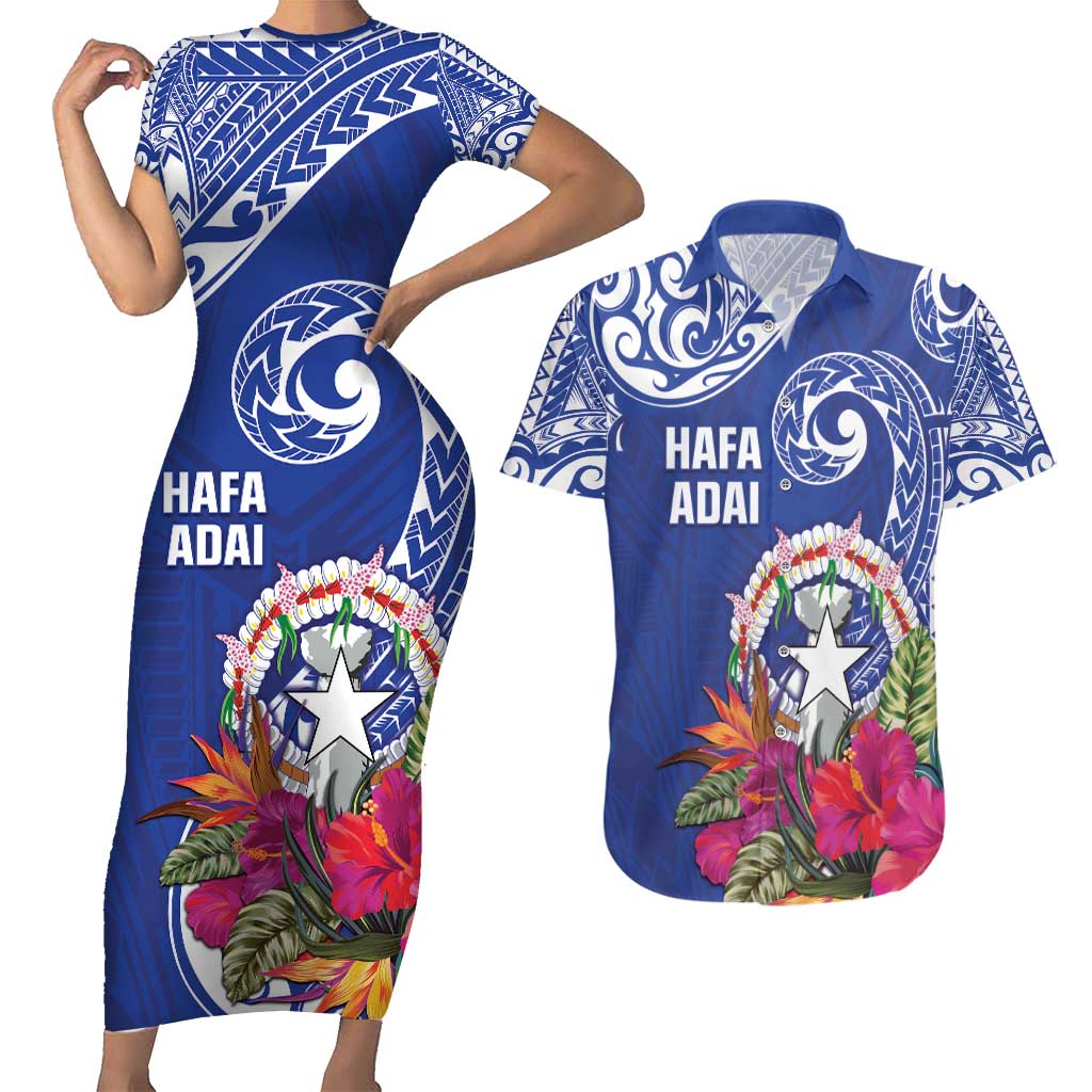 Hafa Adai Northern Mariana Islands Couples Matching Short Sleeve Bodycon Dress and Hawaiian Shirt Polynesian Tribal Pattern LT05 Blue - Polynesian Pride