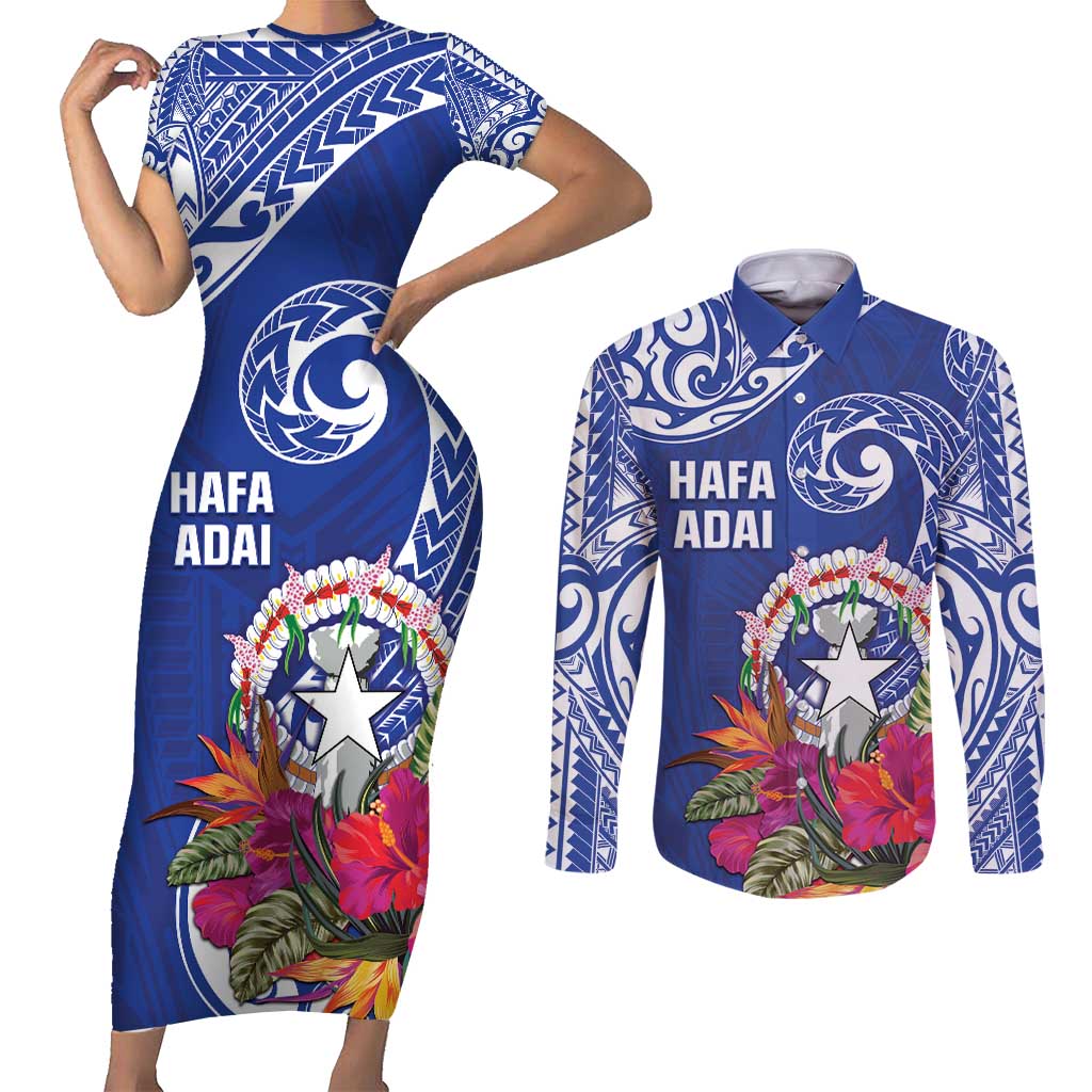 Hafa Adai Northern Mariana Islands Couples Matching Short Sleeve Bodycon Dress and Long Sleeve Button Shirt Polynesian Tribal Pattern LT05 Blue - Polynesian Pride