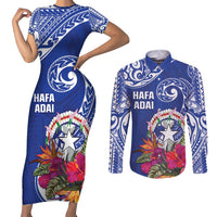 Hafa Adai Northern Mariana Islands Couples Matching Short Sleeve Bodycon Dress and Long Sleeve Button Shirt Polynesian Tribal Pattern LT05 Blue - Polynesian Pride