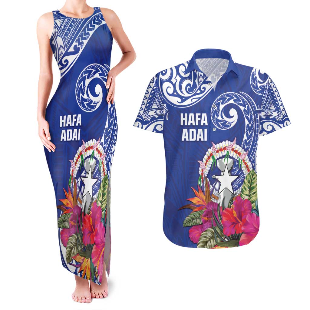 Hafa Adai Northern Mariana Islands Couples Matching Tank Maxi Dress and Hawaiian Shirt Polynesian Tribal Pattern LT05 Blue - Polynesian Pride