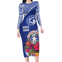 Hafa Adai Northern Mariana Islands Family Matching Long Sleeve Bodycon Dress and Hawaiian Shirt Polynesian Tribal Pattern LT05 Mom's Dress Blue - Polynesian Pride