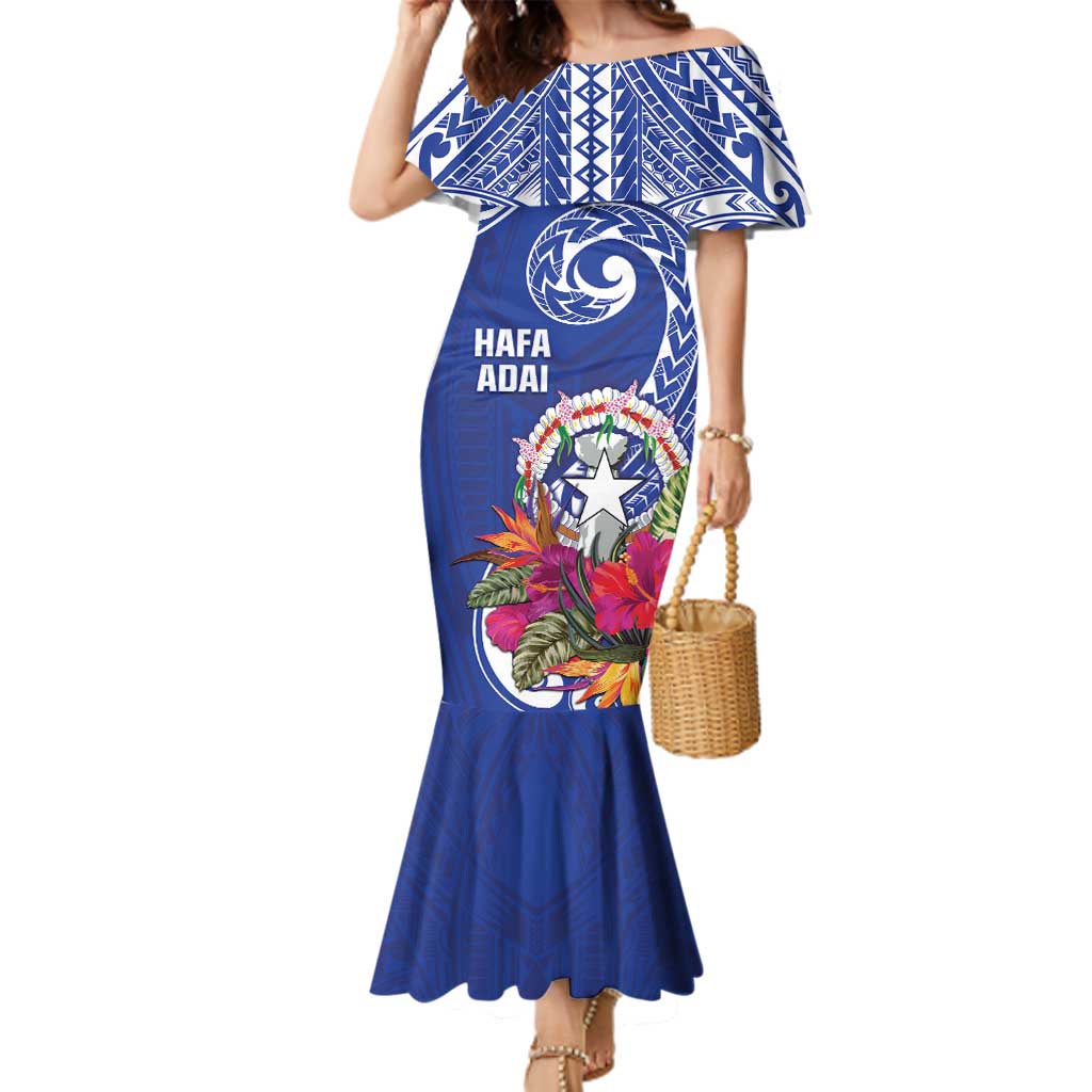 Hafa Adai Northern Mariana Islands Family Matching Mermaid Dress and Hawaiian Shirt Polynesian Tribal Pattern LT05 Mom's Dress Blue - Polynesian Pride