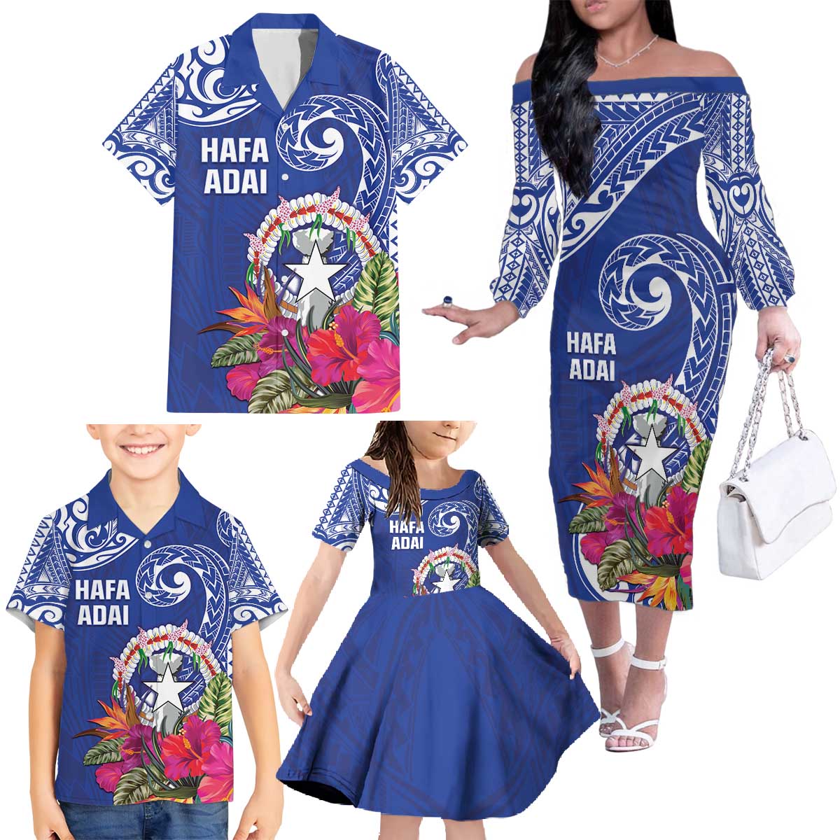 Hafa Adai Northern Mariana Islands Family Matching Off The Shoulder Long Sleeve Dress and Hawaiian Shirt Polynesian Tribal Pattern LT05 - Polynesian Pride