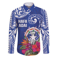 Hafa Adai Northern Mariana Islands Family Matching Off Shoulder Maxi Dress and Hawaiian Shirt Polynesian Tribal Pattern LT05 Dad's Shirt - Long Sleeve Blue - Polynesian Pride