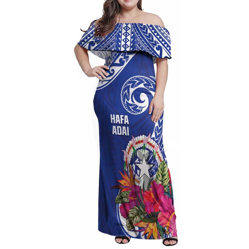 Hafa Adai Northern Mariana Islands Family Matching Off Shoulder Maxi Dress and Hawaiian Shirt Polynesian Tribal Pattern LT05 Mom's Dress Blue - Polynesian Pride