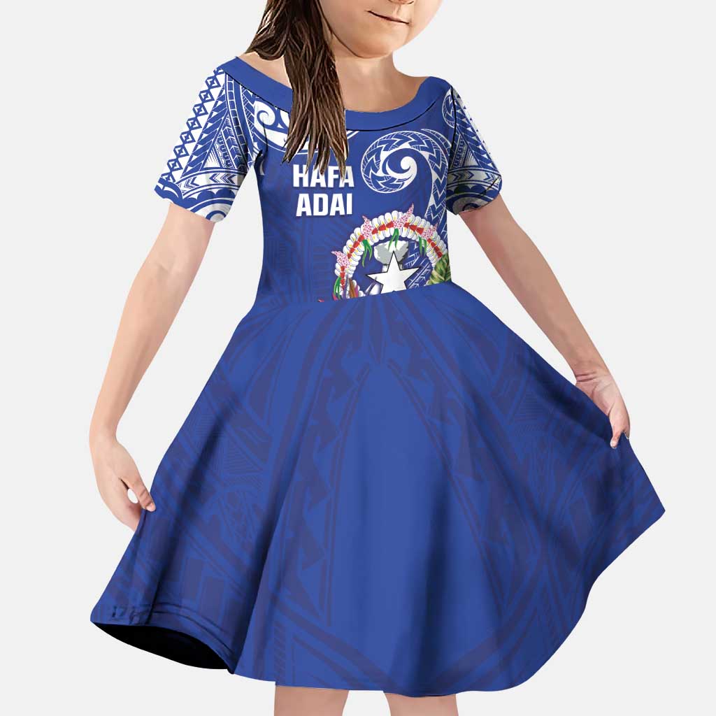 Hafa Adai Northern Mariana Islands Family Matching Puletasi and Hawaiian Shirt Polynesian Tribal Pattern LT05 Daughter's Dress Blue - Polynesian Pride