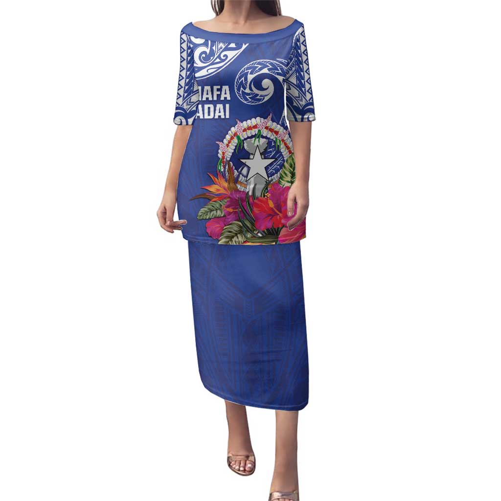 Hafa Adai Northern Mariana Islands Family Matching Puletasi and Hawaiian Shirt Polynesian Tribal Pattern LT05 Mom's Dress Blue - Polynesian Pride