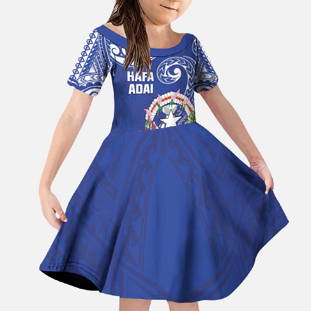 Hafa Adai Northern Mariana Islands Family Matching Short Sleeve Bodycon Dress and Hawaiian Shirt Polynesian Tribal Pattern LT05 Daughter's Dress Blue - Polynesian Pride
