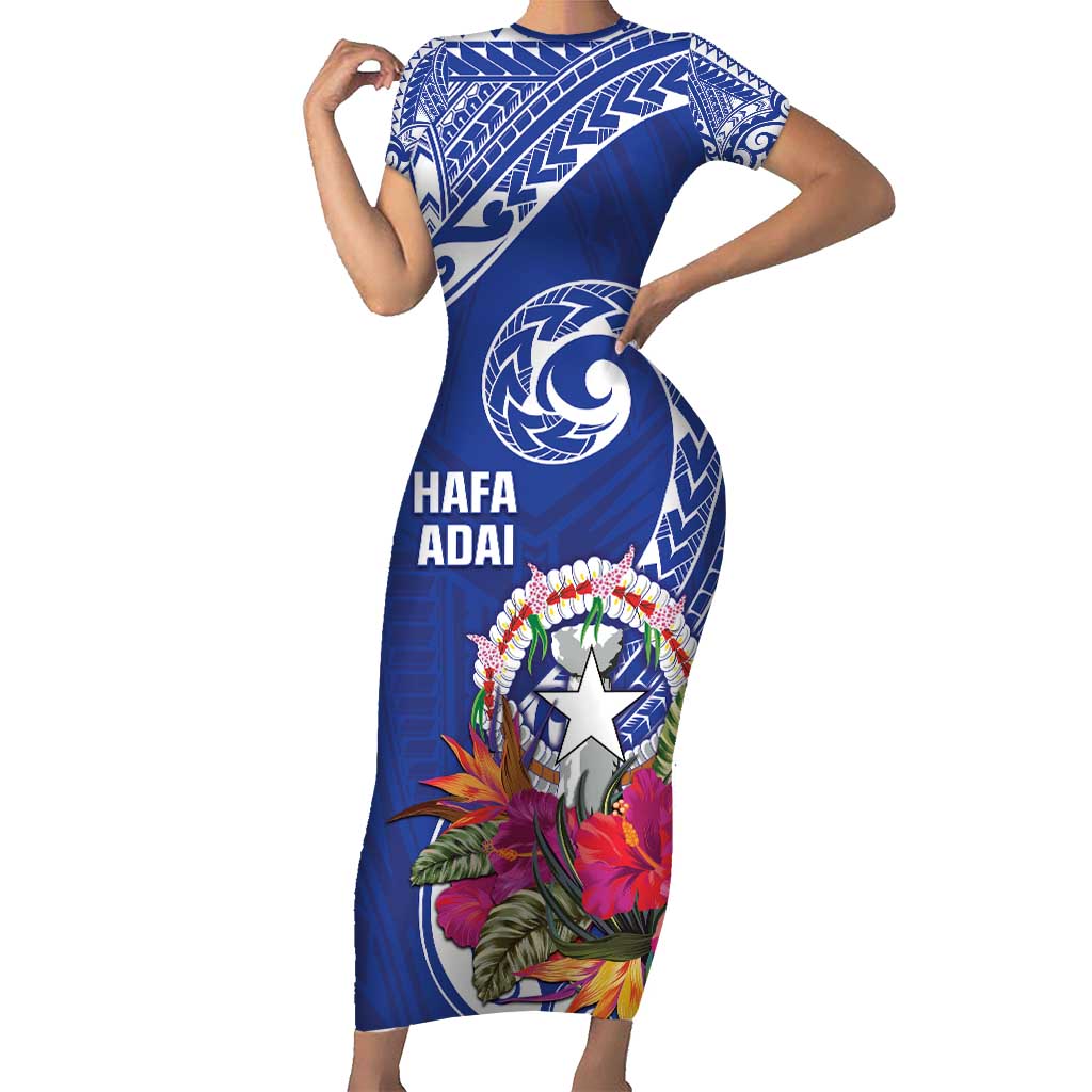 Hafa Adai Northern Mariana Islands Family Matching Short Sleeve Bodycon Dress and Hawaiian Shirt Polynesian Tribal Pattern LT05 Mom's Dress Blue - Polynesian Pride