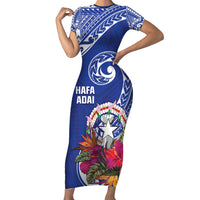 Hafa Adai Northern Mariana Islands Family Matching Short Sleeve Bodycon Dress and Hawaiian Shirt Polynesian Tribal Pattern LT05 Mom's Dress Blue - Polynesian Pride