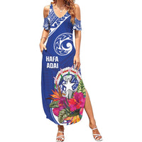 Hafa Adai Northern Mariana Islands Family Matching Summer Maxi Dress and Hawaiian Shirt Polynesian Tribal Pattern LT05 Mom's Dress Blue - Polynesian Pride