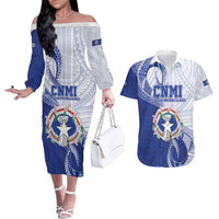 Personalized Northern Mariana Islands Couples Matching Off The Shoulder Long Sleeve Dress and Hawaiian Shirt CNMI Seal LT05 Blue - Polynesian Pride