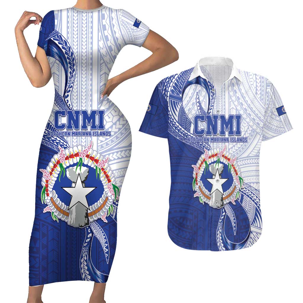 Personalized Northern Mariana Islands Couples Matching Short Sleeve Bodycon Dress and Hawaiian Shirt CNMI Seal LT05 Blue - Polynesian Pride