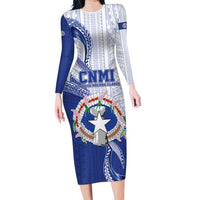 Personalized Northern Mariana Islands Family Matching Long Sleeve Bodycon Dress and Hawaiian Shirt CNMI Seal LT05 Mom's Dress Blue - Polynesian Pride