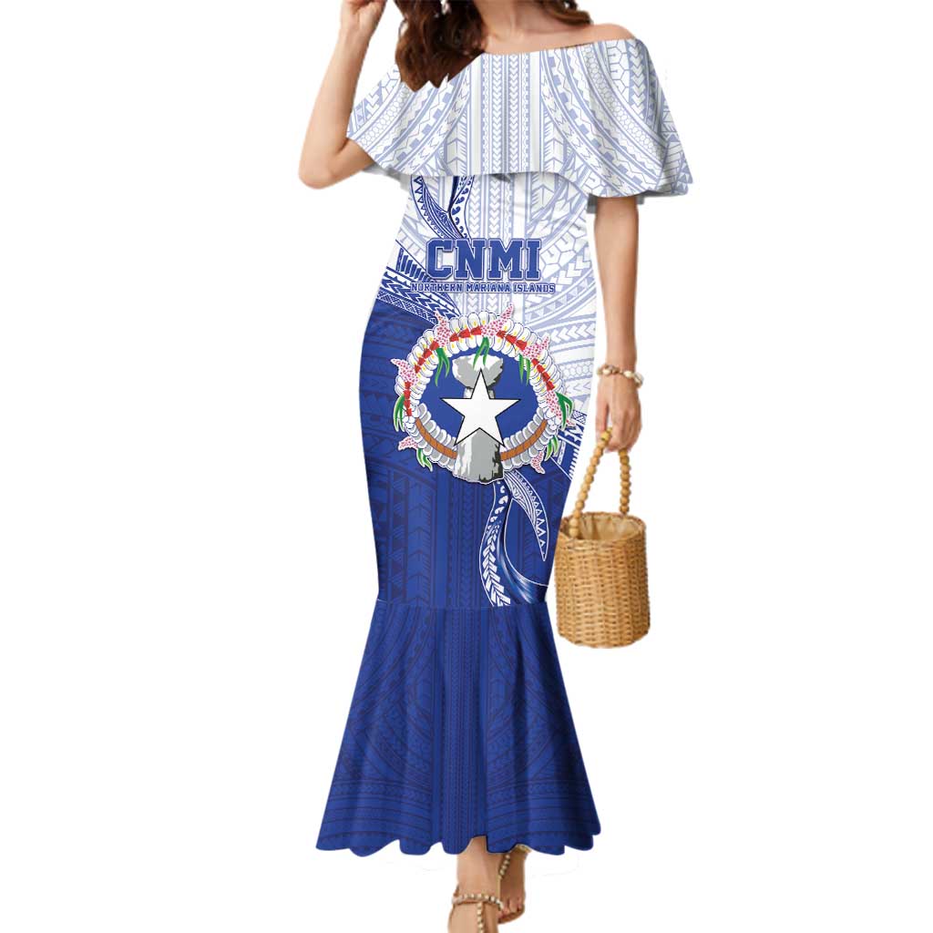 Personalized Northern Mariana Islands Family Matching Mermaid Dress and Hawaiian Shirt CNMI Seal LT05 Mom's Dress Blue - Polynesian Pride