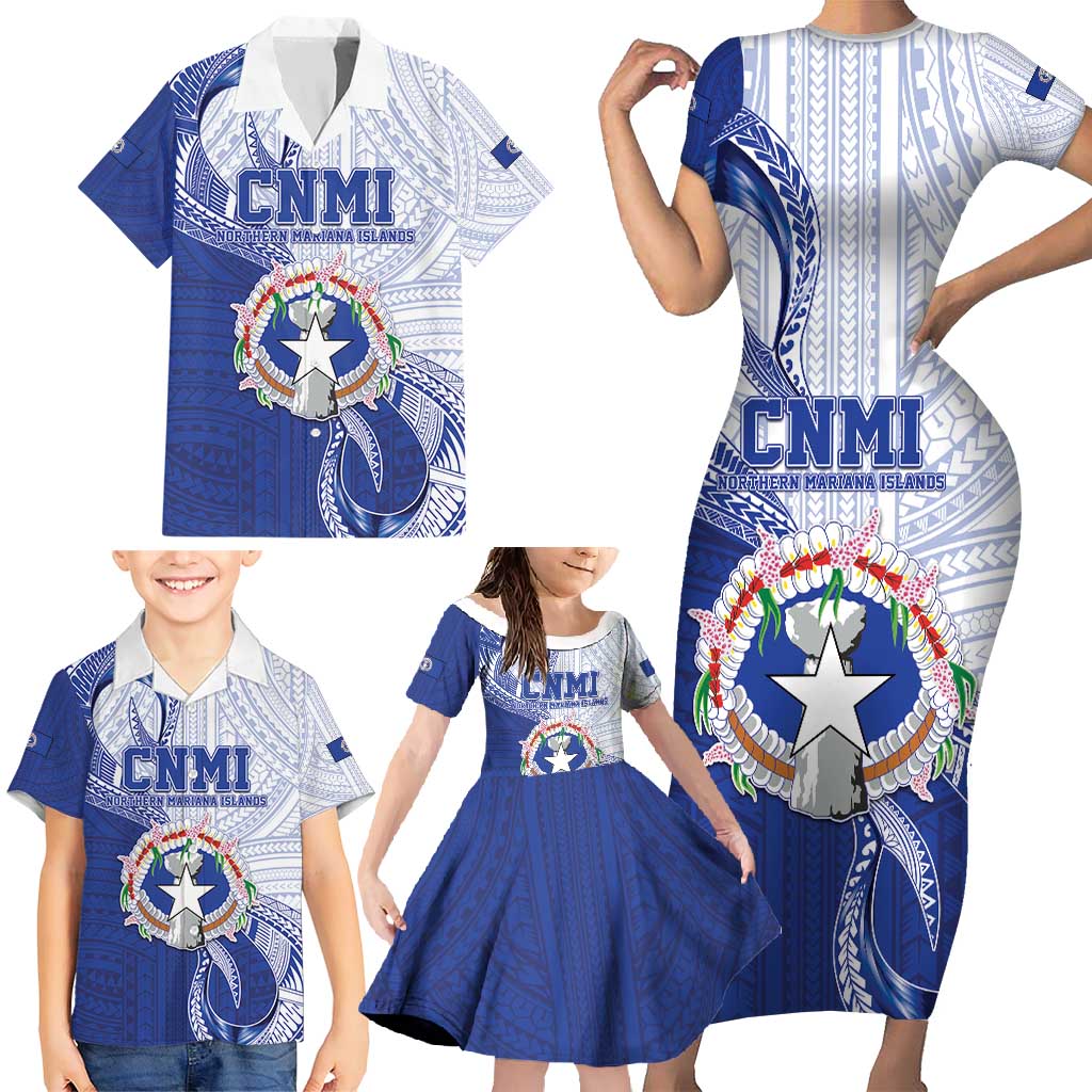 Personalized Northern Mariana Islands Family Matching Short Sleeve Bodycon Dress and Hawaiian Shirt CNMI Seal LT05 - Polynesian Pride
