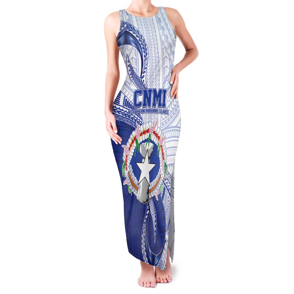 Personalized Northern Mariana Islands Family Matching Tank Maxi Dress and Hawaiian Shirt CNMI Seal LT05 Mom's Dress Blue - Polynesian Pride
