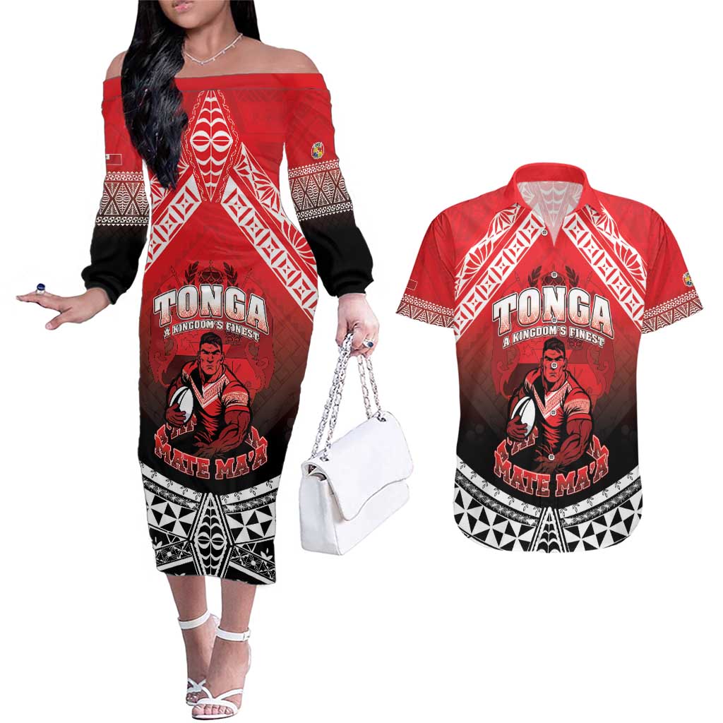 Custom Rugby Tonga MMT Couples Matching Off The Shoulder Long Sleeve Dress and Hawaiian Shirt Mana O Tonga LT05 Red - Polynesian Pride