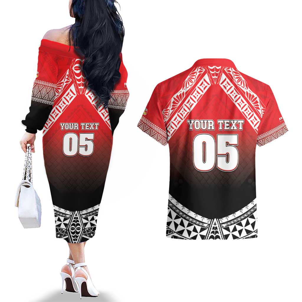 Custom Rugby Tonga MMT Couples Matching Off The Shoulder Long Sleeve Dress and Hawaiian Shirt Mana O Tonga LT05 - Polynesian Pride