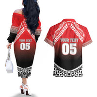 Custom Rugby Tonga MMT Couples Matching Off The Shoulder Long Sleeve Dress and Hawaiian Shirt Mana O Tonga LT05 - Polynesian Pride