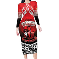 Custom Rugby Tonga MMT Family Matching Long Sleeve Bodycon Dress and Hawaiian Shirt Mana O Tonga LT05 Mom's Dress Red - Polynesian Pride