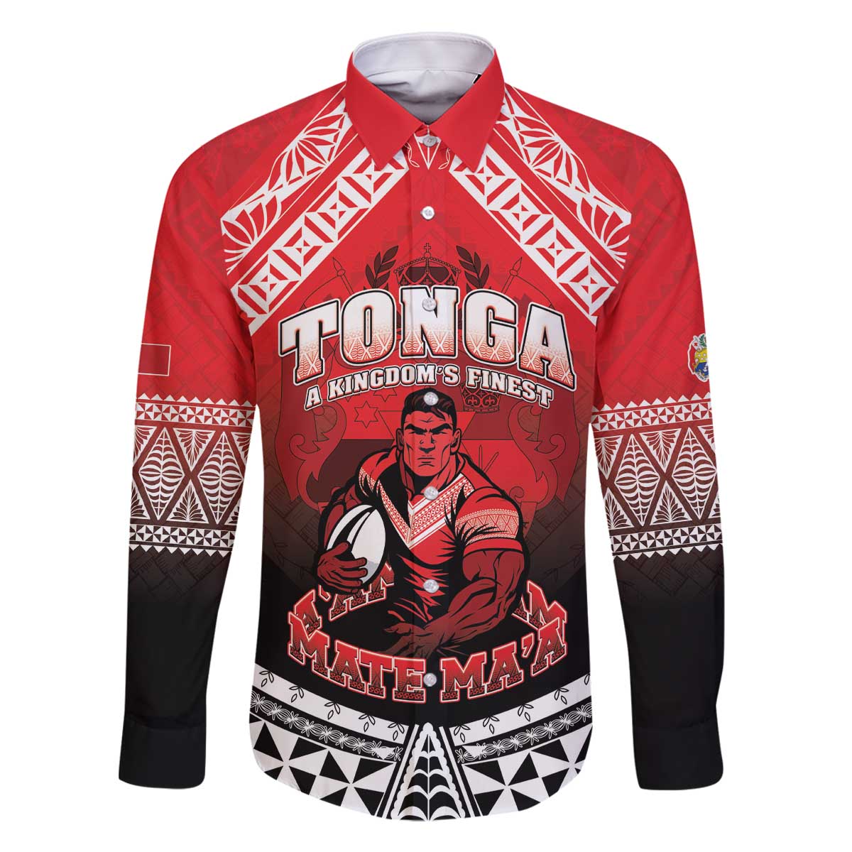 Custom Rugby Tonga MMT Family Matching Off The Shoulder Long Sleeve Dress and Hawaiian Shirt Mana O Tonga LT05 Dad's Shirt - Long Sleeve Red - Polynesian Pride