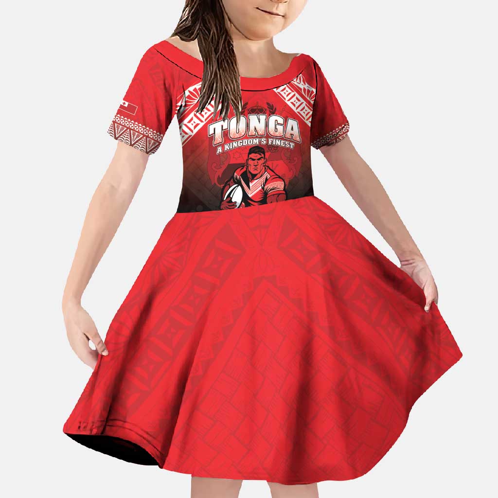 Custom Rugby Tonga MMT Family Matching Off Shoulder Maxi Dress and Hawaiian Shirt Mana O Tonga LT05 Daughter's Dress Red - Polynesian Pride