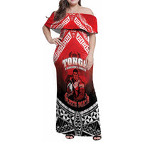 Custom Rugby Tonga MMT Family Matching Off Shoulder Maxi Dress and Hawaiian Shirt Mana O Tonga LT05 Mom's Dress Red - Polynesian Pride