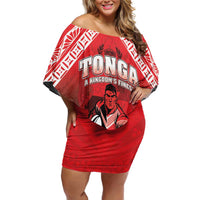 Custom Rugby Tonga MMT Family Matching Off Shoulder Short Dress and Hawaiian Shirt Mana O Tonga LT05 Mom's Dress Red - Polynesian Pride