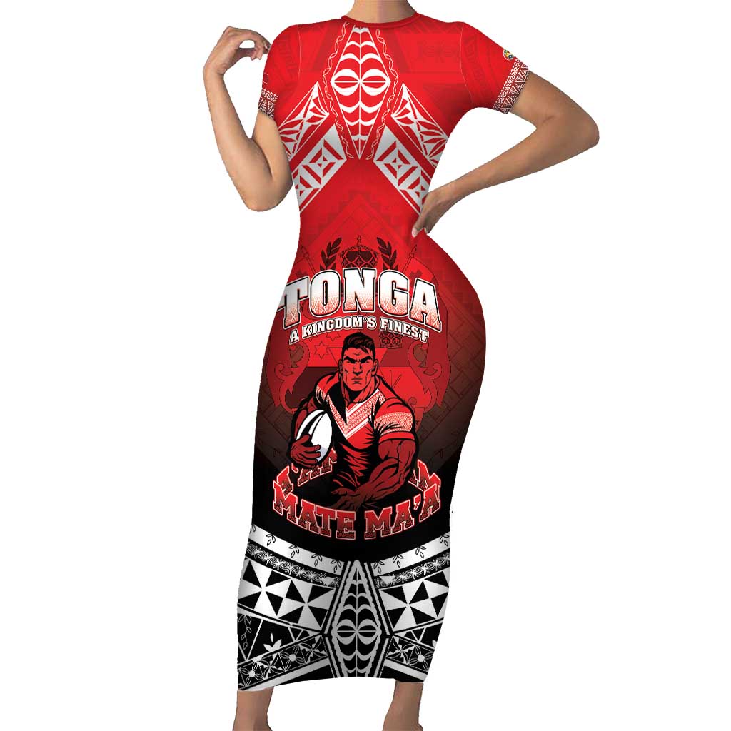 Custom Rugby Tonga MMT Family Matching Short Sleeve Bodycon Dress and Hawaiian Shirt Mana O Tonga LT05 Mom's Dress Red - Polynesian Pride