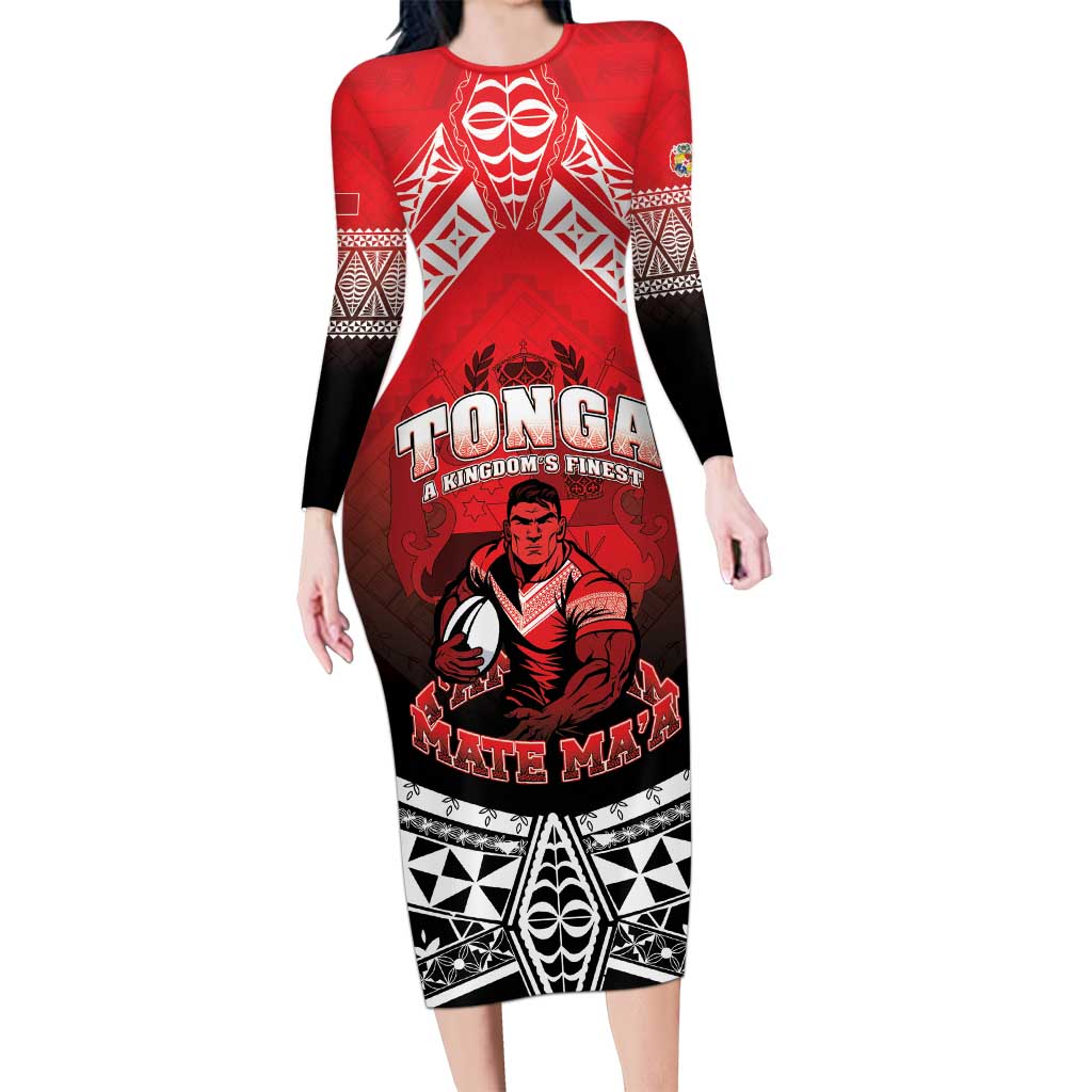 Custom Rugby Tonga MMT Long Sleeve Bodycon Dress Mana O Tonga LT05 Long Dress Red - Polynesian Pride