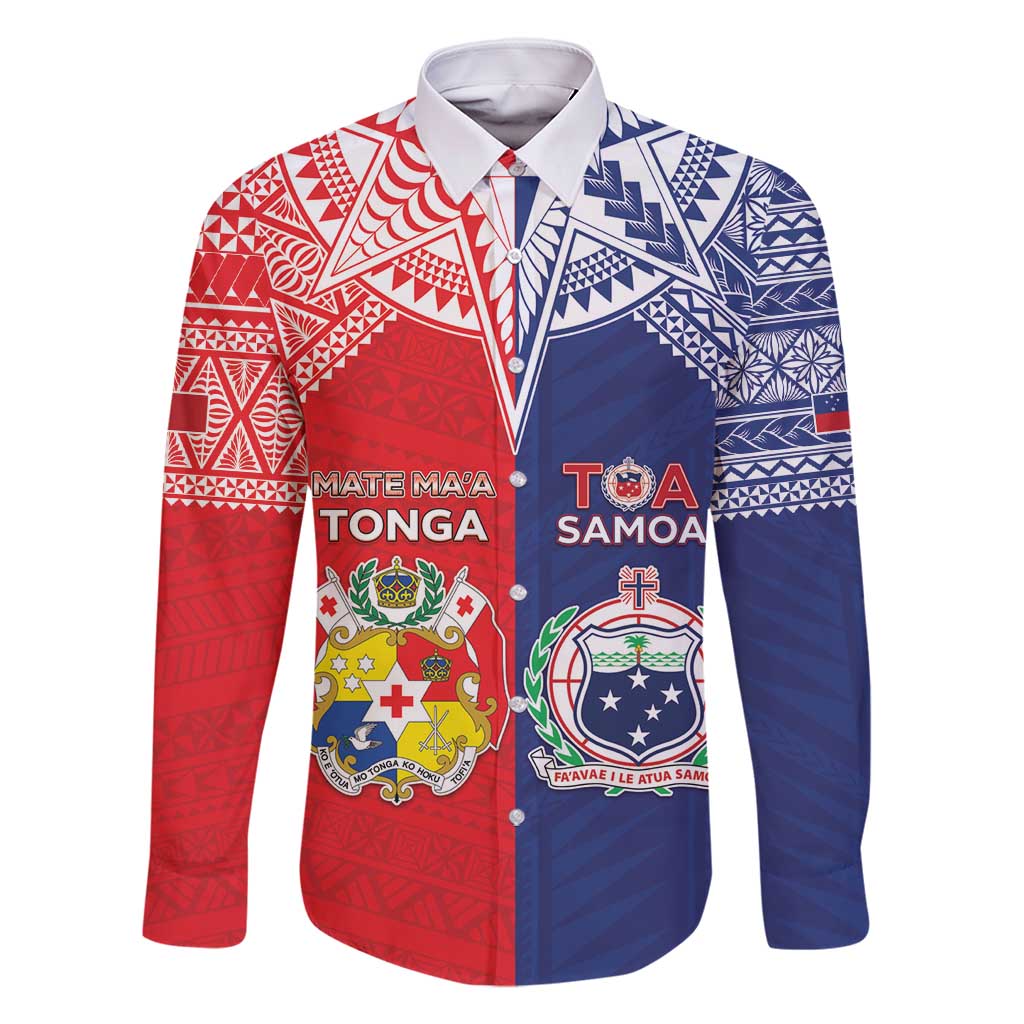 Custom Rugby Samoa And Tonga Family Matching Mermaid Dress and Hawaiian Shirt Toa Samoa With Mate Maa LT05 Dad's Shirt - Long Sleeve Multicolor - Polynesian Pride